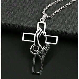 Silver Stainless Steel Cross Pendant Necklace Praying Hands Religious Spiritual